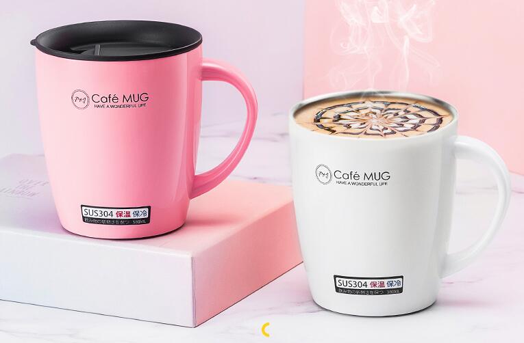 不銹鋼保溫馬克杯咖啡帶蓋勺